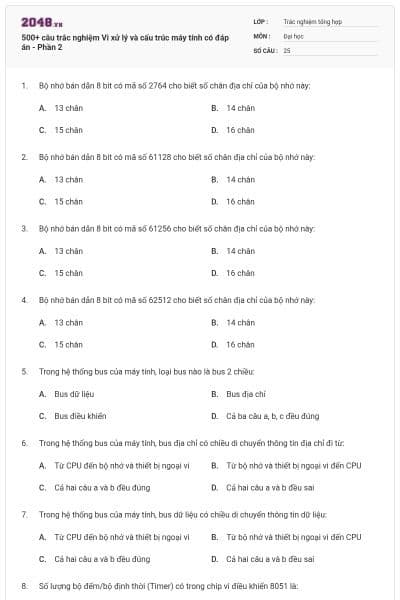 500+ câu trắc nghiệm Vi xử lý và cấu trúc máy tính có đáp án - Phần 2