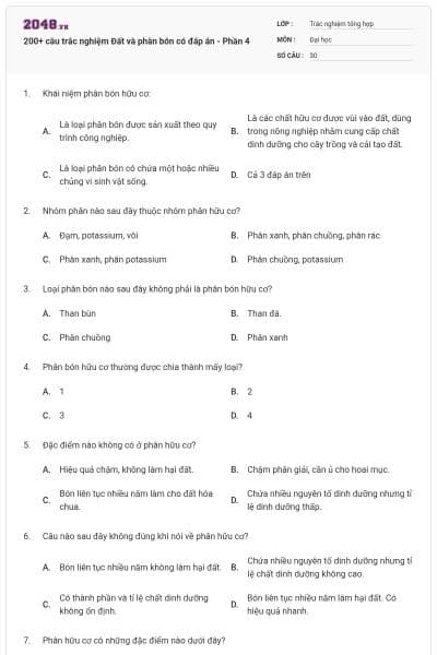 200+ câu trắc nghiệm Đất và phân bón có đáp án - Phần 4
