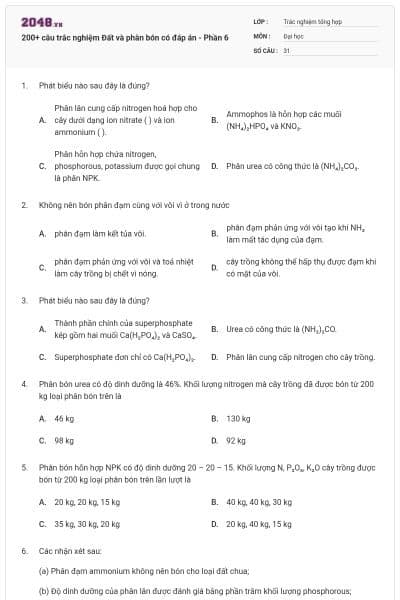 200+ câu trắc nghiệm Đất và phân bón có đáp án - Phần 6