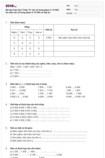 Bài tập Toán lớp 3 Tuần 19. Các số trong phạm vi 10 000. So sánh các số trong phạm vi 10 000 có đáp án