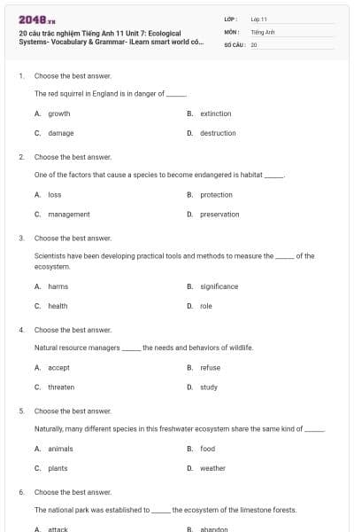 20 câu trắc nghiệm Tiếng Anh 11 Unit 7: Ecological Systems- Vocabulary & Grammar- iLearn smart world có đáp án