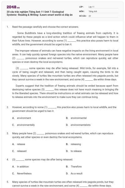 20 câu trắc nghiệm Tiếng Anh 11 Unit 7: Ecological Systems- Reading & Writing- iLearn smart world có đáp án
