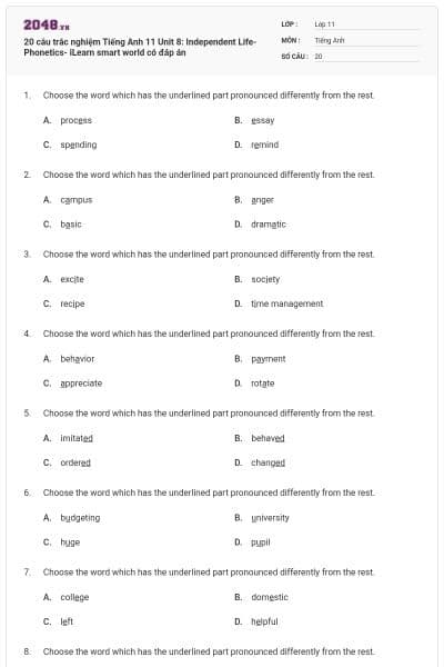 20 câu trắc nghiệm Tiếng Anh 11 Unit 8: Independent Life- Phonetics- iLearn smart world có đáp án
