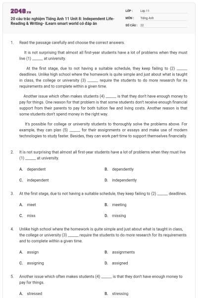 20 câu trắc nghiệm Tiếng Anh 11 Unit 8: Independent Life- Reading & Writing- iLearn smart world có đáp án