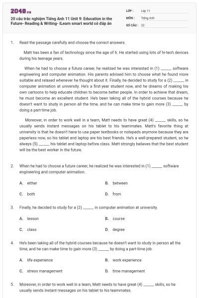 20 câu trắc nghiệm Tiếng Anh 11 Unit 9: Education in the Future- Reading & Writing- iLearn smart world có đáp án