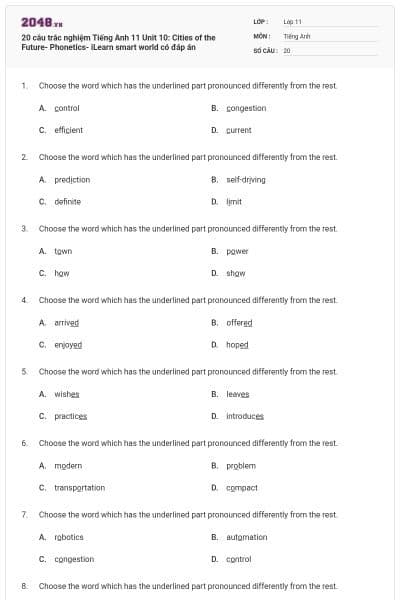 20 câu trắc nghiệm Tiếng Anh 11 Unit 10: Cities of the Future- Phonetics- iLearn smart world có đáp án