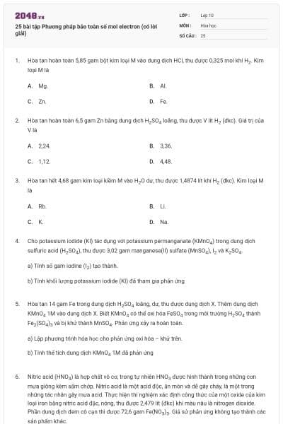 25 bài tập Phương pháp bảo toàn số mol electron (có lời giải)