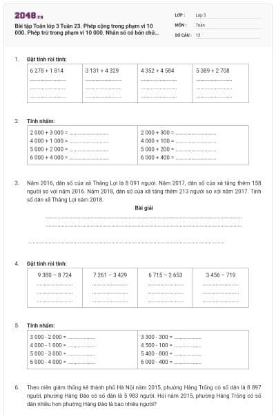 Bài tập Toán lớp 3 Tuần 23. Phép cộng trong phạm vi 10 000. Phép trừ trong phạm vi 10 000. Nhân số có bốn chữ số với số có một chữ số có đáp án