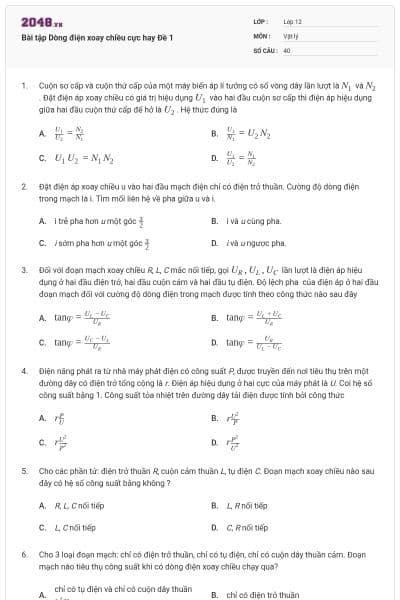 Bài tập Dòng điện xoay chiều cực hay Đề 1