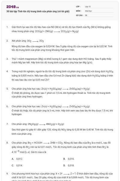 30 bài tập Tính tốc độ trung bình của phản ứng (có lời giải)