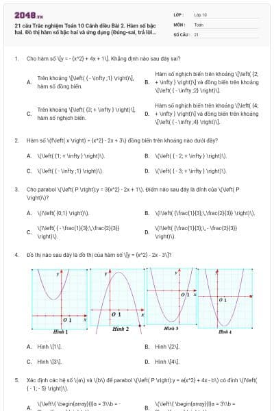 21 câu Trắc nghiệm Toán 10 Cánh diều Bài 2. Hàm số bậc hai. Đồ thị hàm số bậc hai và ứng dụng (Đúng-sai, trả lời ngắn) có đáp án