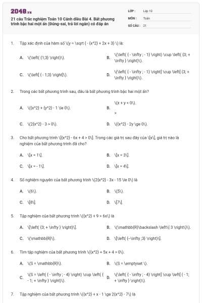 21 câu Trắc nghiệm Toán 10 Cánh diều Bài 4. Bất phương trình bậc hai một ẩn (Đúng-sai, trả lời ngắn) có đáp án