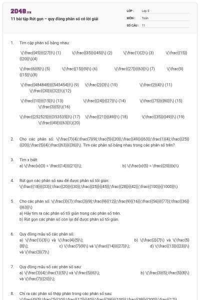 11 bài tập Rút gọn – quy đồng phân số có lời giải