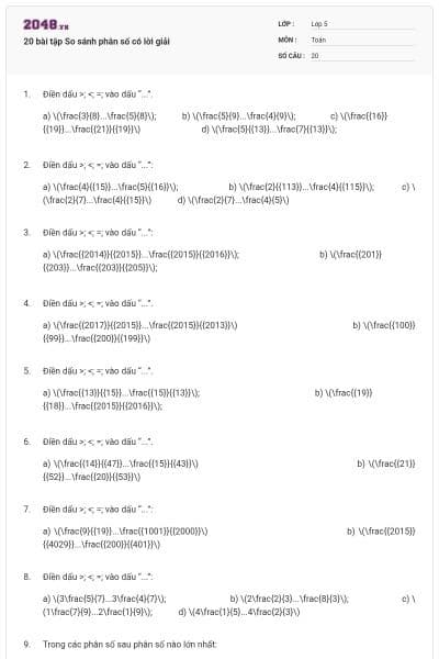 20 bài tập So sánh phân số có lời giải