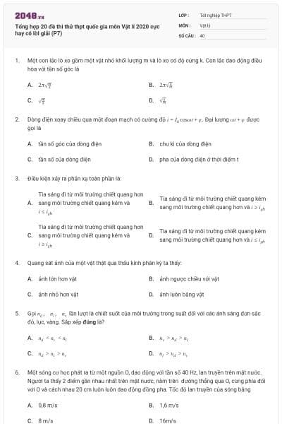 Tổng hợp 20 đề thi thử thpt quốc gia môn Vật lí 2020 cực hay có lời giải (P7)