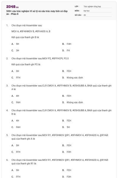 500+ câu trắc nghiệm Vi xử lý và cấu trúc máy tính có đáp án - Phần 8