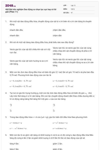 460 Bài trắc nghiệm Dao động cơ chọn lọc cực hay có lời giải (Phần 11)