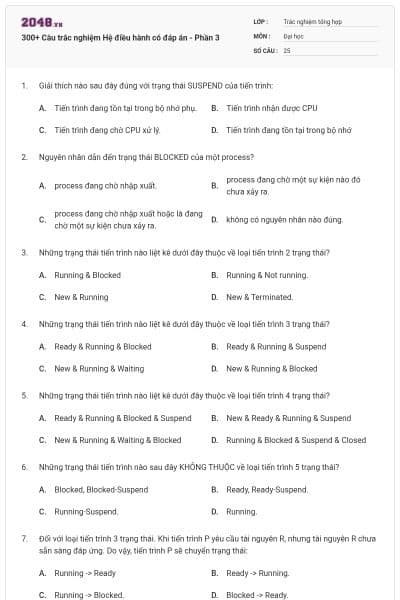 300+ Câu trắc nghiệm Hệ điều hành có đáp án - Phần 3