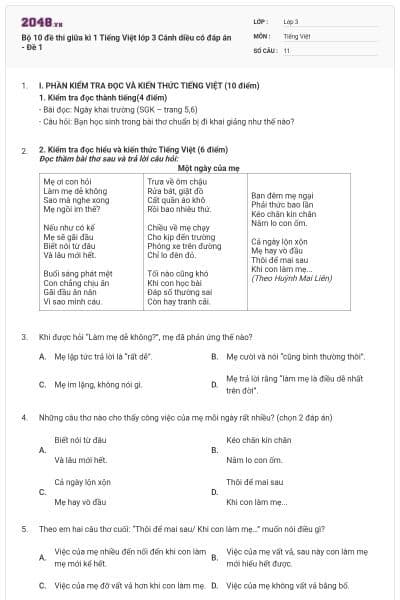 Bộ 10 đề thi giữa kì 1 Tiếng Việt lớp 3 Cánh diều có đáp án - Đề 1