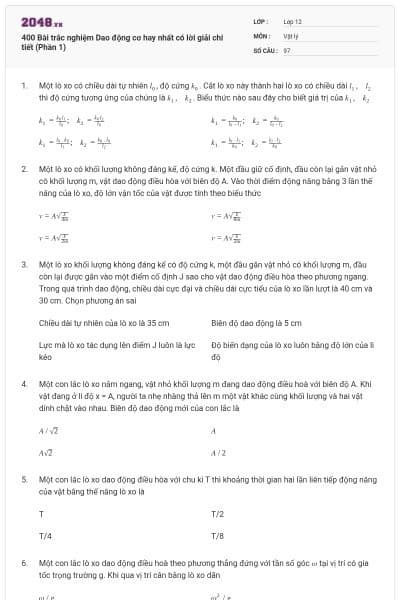 400 Bài trắc nghiệm Dao động cơ hay nhất có lời giải chi tiết (Phần 1)