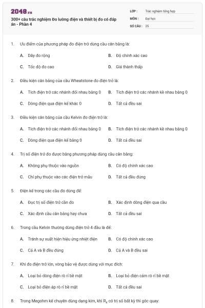 300+ câu trắc nghiệm Đo lường điện và thiết bị đo có đáp án - Phần 4