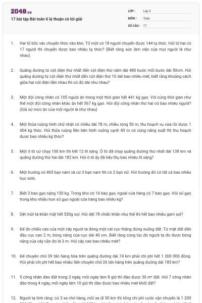 17 bài tập Bài toán tỉ lệ thuận có lời giải
