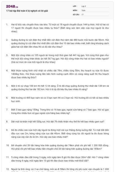 17 bài tập Bài toán tỉ lệ nghịch có lời giải
