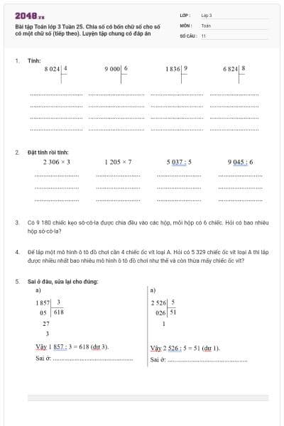Bài tập Toán lớp 3 Tuần 25. Chia số có bốn chữ số cho số có một chữ số (tiếp theo). Luyện tập chung có đáp án