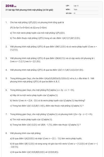 21 bài tập Viết phương trình mặt phẳng (có lời giải)