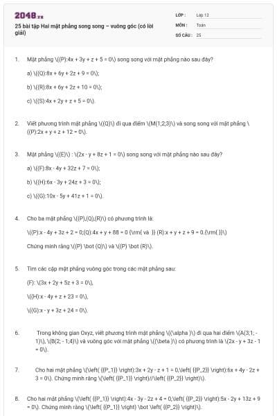 25 bài tập Hai mặt phẳng song song – vuông góc (có lời giải)