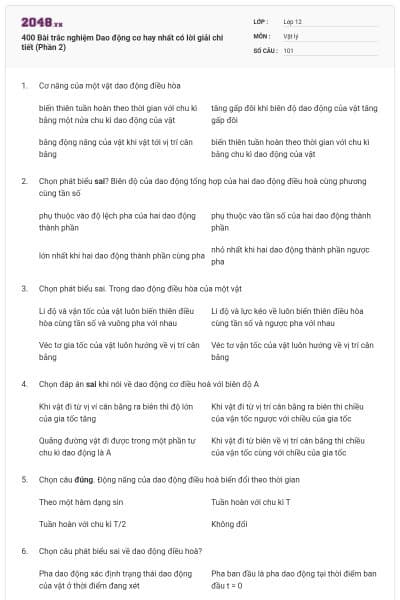 400 Bài trắc nghiệm Dao động cơ hay nhất có lời giải chi tiết (Phần 2)