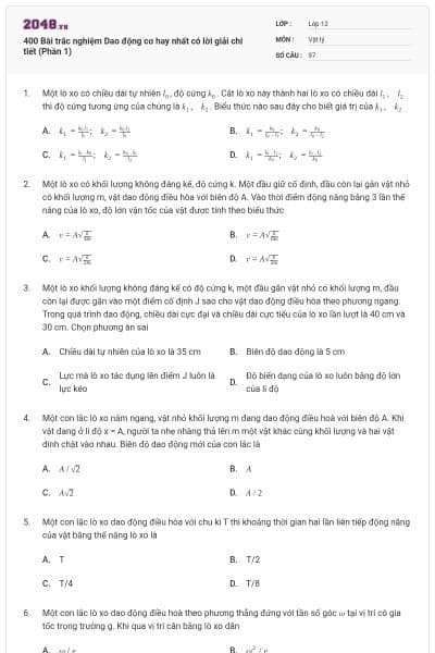 400 Bài trắc nghiệm Dao động cơ hay nhất có lời giải chi tiết (Phần 1)