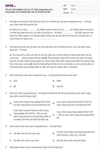 29 câu Trắc nghiệm Lịch sử 12: Cách mạng khoa học - công nghệ và xu hướng toàn cầu có lời giải chi tiết