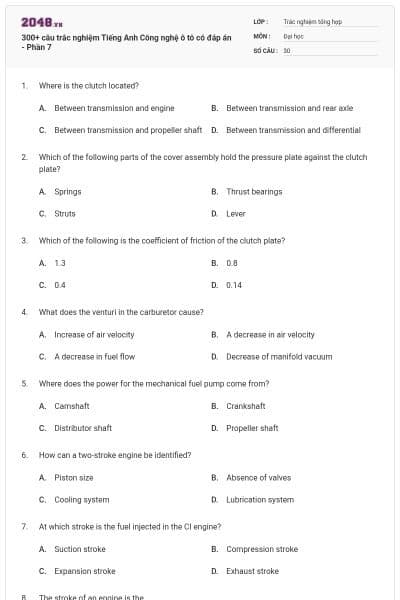 300+ câu trắc nghiệm Tiếng Anh Công nghệ ô tô có đáp án - Phần 7
