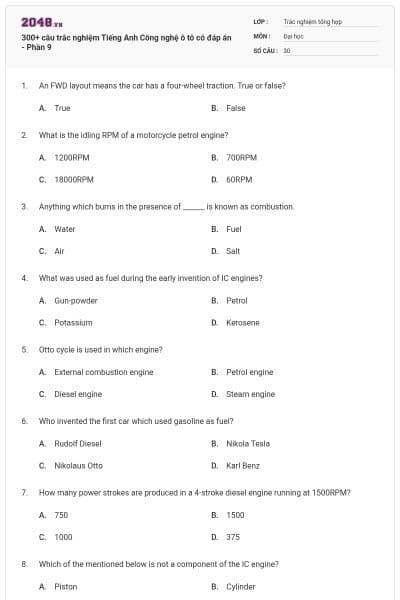 300+ câu trắc nghiệm Tiếng Anh Công nghệ ô tô có đáp án - Phần 9