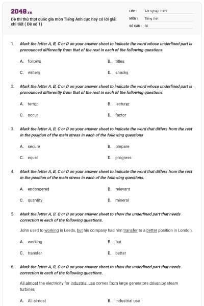 Đề thi thử thpt quốc gia môn Tiếng Anh cực hay có lời giải chi tiết ( Đề số 1)