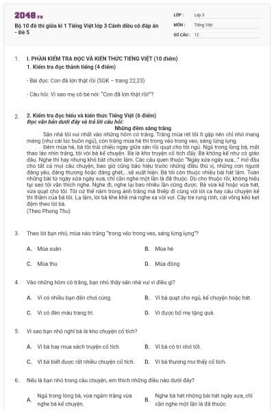 Bộ 10 đề thi giữa kì 1 Tiếng Việt lớp 3 Cánh diều có đáp án - Đề 5