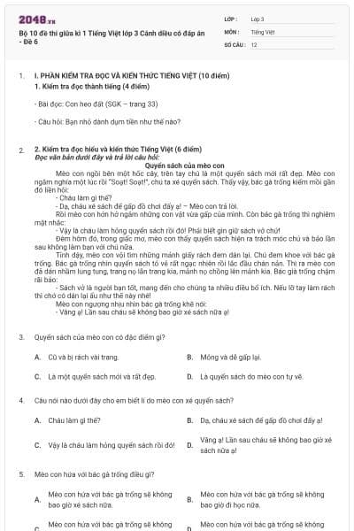 Bộ 10 đề thi giữa kì 1 Tiếng Việt lớp 3 Cánh diều có đáp án - Đề 6