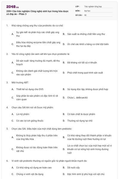 200+ Câu trắc nghiệm Công nghệ sinh học trong hóa dược có đáp án - Phần 3