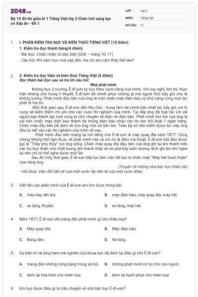 Bộ 10 đề thi giữa kì 1 Tiếng Việt lớp 3 Chân trời sáng tạo có đáp án - Đề 1