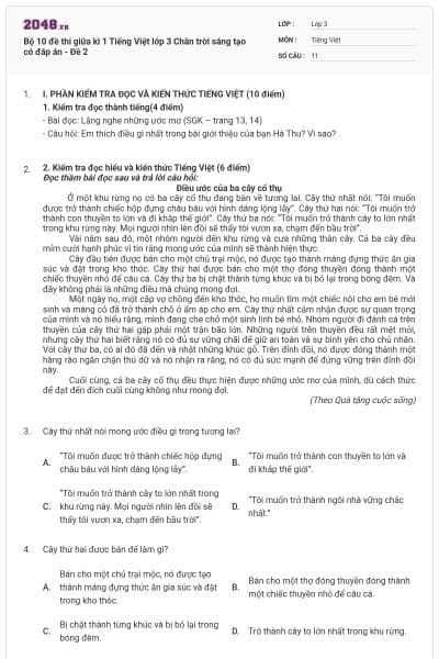 Bộ 10 đề thi giữa kì 1 Tiếng Việt lớp 3 Chân trời sáng tạo có đáp án - Đề 2