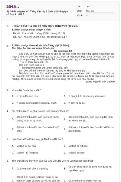 Bộ 10 đề thi giữa kì 1 Tiếng Việt lớp 3 Chân trời sáng tạo có đáp án - Đề 3