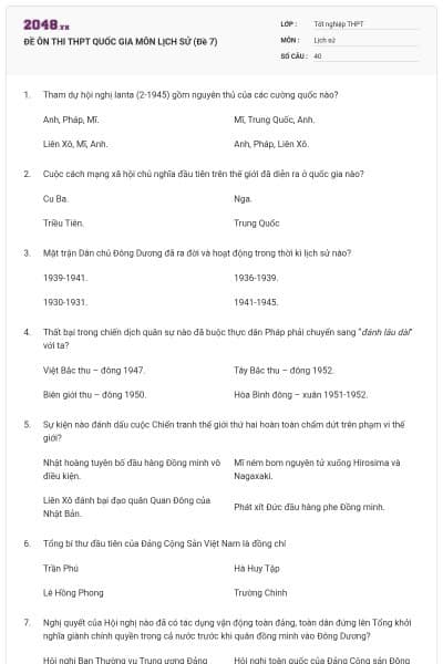 ĐỀ ÔN THI THPT QUỐC GIA MÔN LỊCH SỬ (Đề 7)