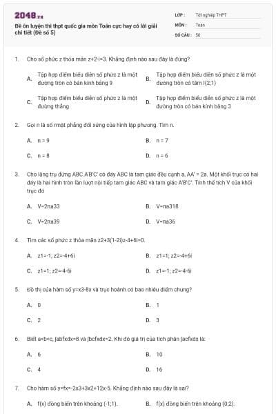 Đề ôn luyện thi thpt quốc gia môn Toán cực hay có lời giải chi tiết (Đề số 5)