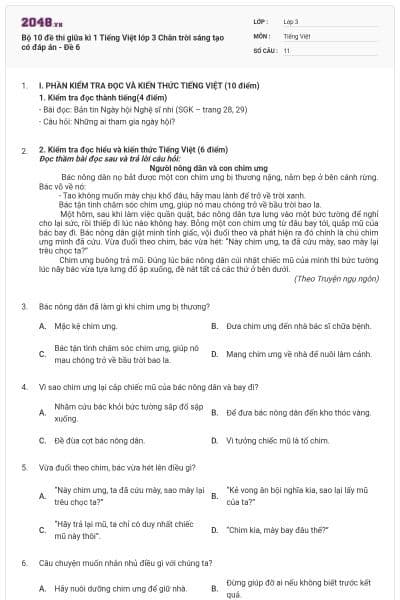 Bộ 10 đề thi giữa kì 1 Tiếng Việt lớp 3 Chân trời sáng tạo có đáp án - Đề 6