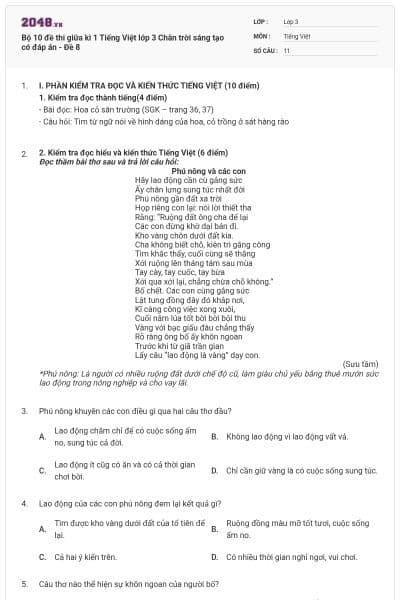 Bộ 10 đề thi giữa kì 1 Tiếng Việt lớp 3 Chân trời sáng tạo có đáp án - Đề 8