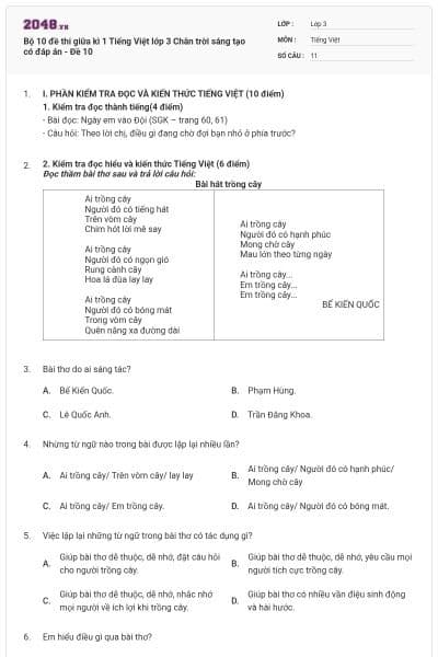 Bộ 10 đề thi giữa kì 1 Tiếng Việt lớp 3 Chân trời sáng tạo có đáp án - Đề 10