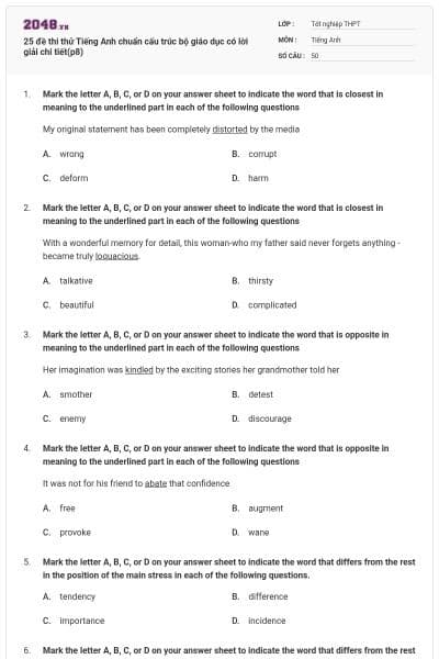 25 đề thi thử Tiếng Anh chuẩn cấu trúc bộ giáo dục có lời giải chi tiết(p8)
