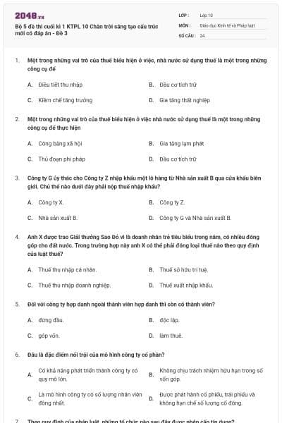 Bộ 5 đề thi cuối kì 1 KTPL 10 Chân trời sáng tạo cấu trúc mới có đáp án - Đề 3