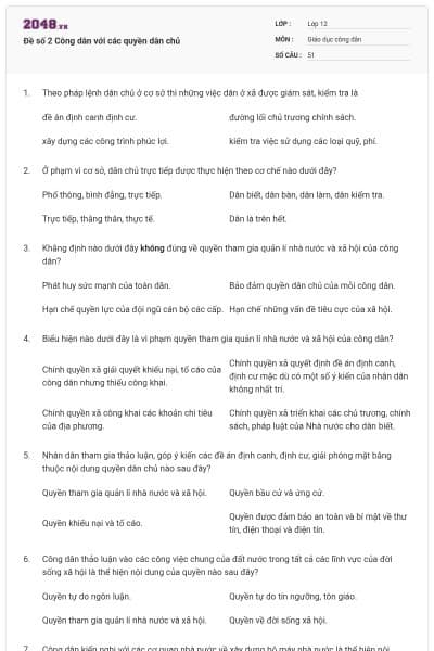 Đề số 2 Công dân với các quyền dân chủ
